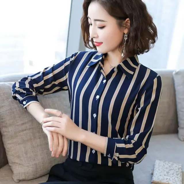 Fashion Striped Printing Shirt Tops Spring Summer New Long Sleeve Polo Neck All-match Slim Blouse Vintage Elegant Women Clothing 1