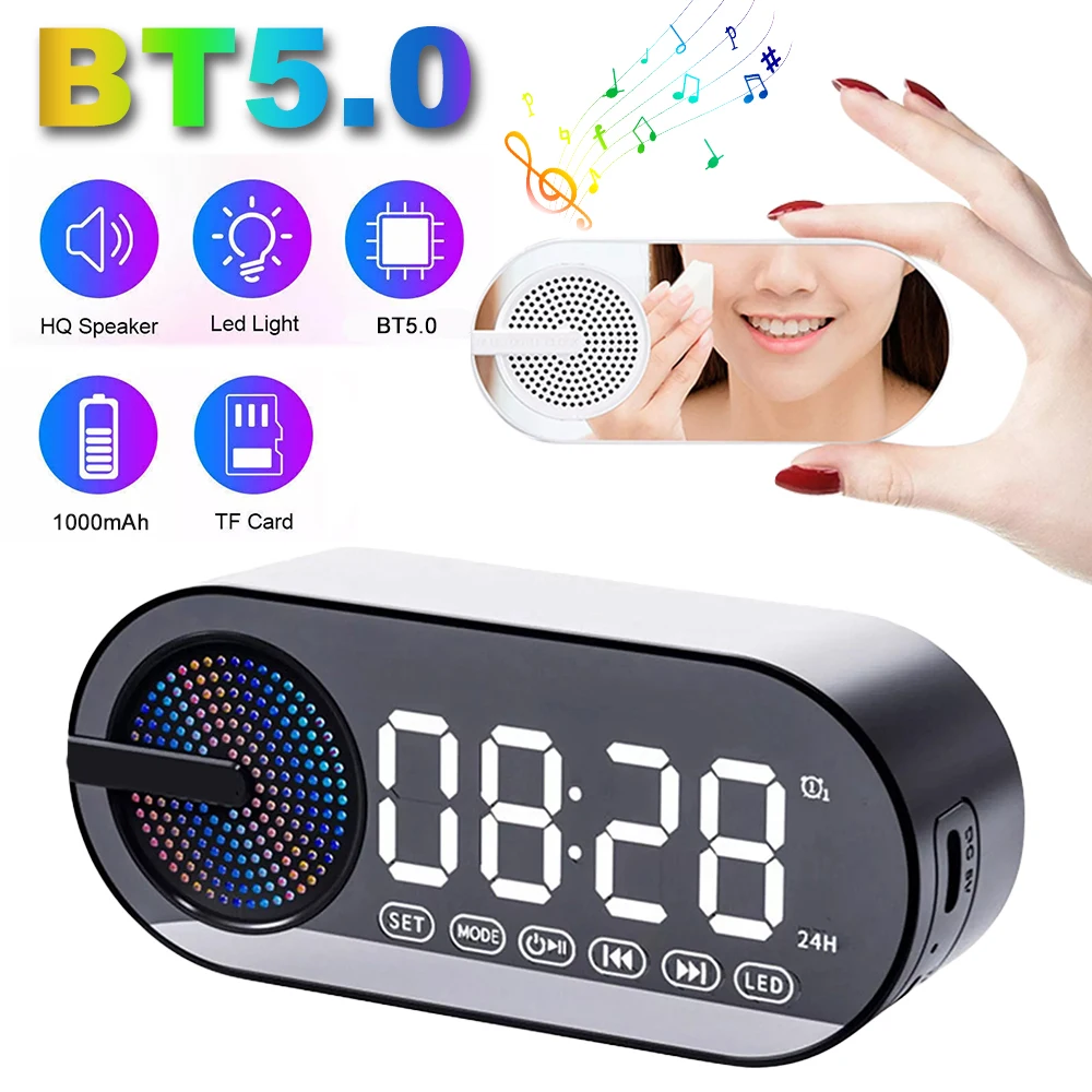Wireless Bluetooth Speaker Alarm Clock LED Mirror Display 3D Stereo Sound Music Player with RGB Light FM Radio for Room Office