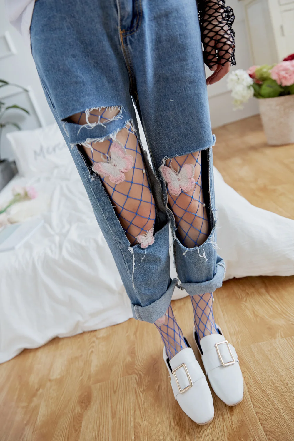 Gestickte Hot Drill Mesh-Strümpfe, Fischernetzstrümpfe, rosa Schmetterling, großes Mesh, mittlere und kleine Mesh-Bodenhöschen – Detail 34