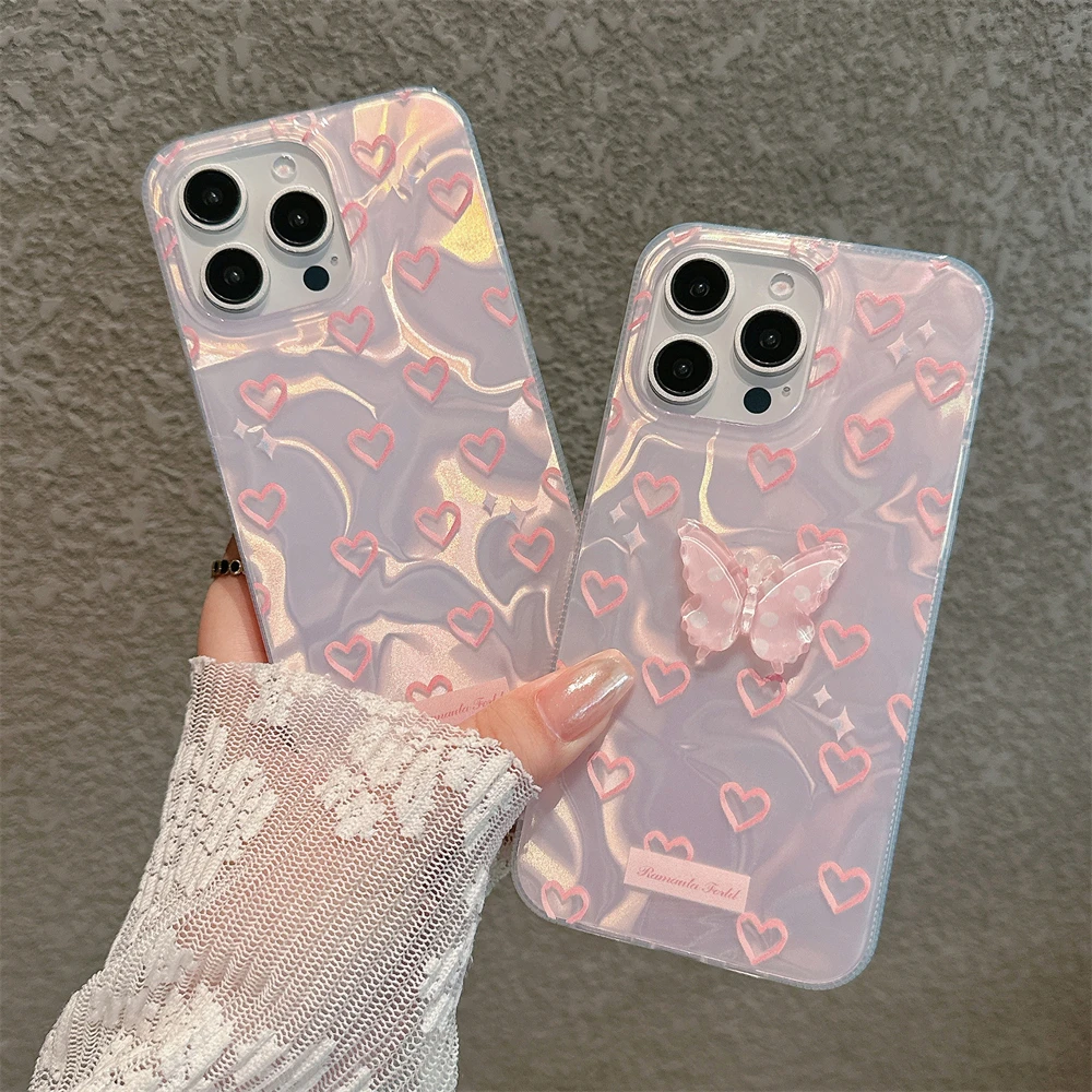 Pink 3D Butterfly Love Heart Water Ripple Phone Case - Cute Bumper Back Cover