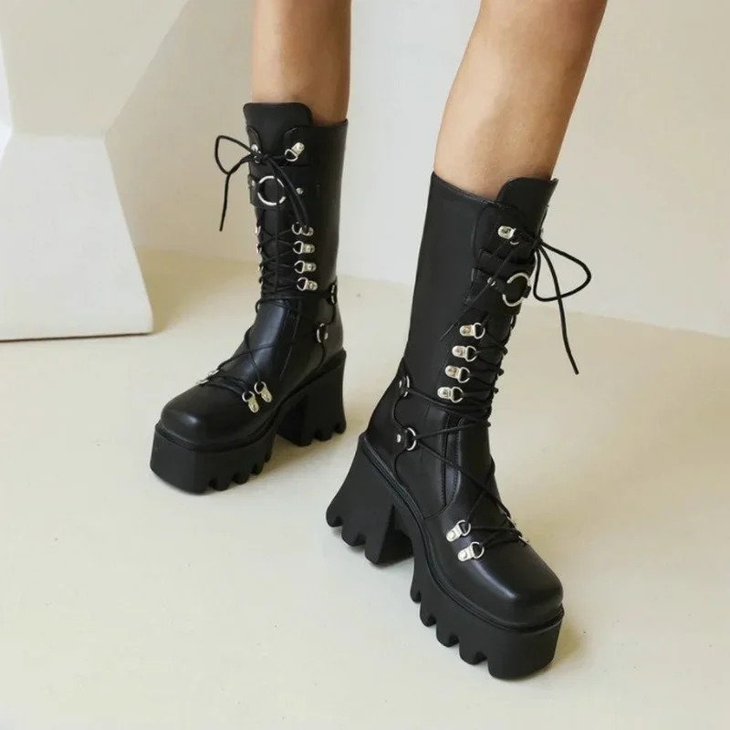 Sexy Patent Pu Leather Women Ankle Boots Platform Square High Heel Motorcycle Boots Squar Toe Zipper Autumn Winter Woman's Boots