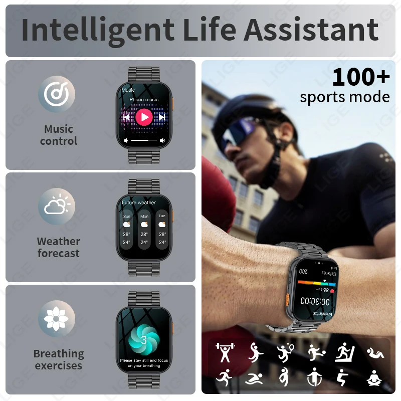 LIGE New Military Outdoor 1000mAh Smart Watch Men 5ATM Flashlight 2.04"HD Screen Bluetooth Call Sport Fitness Smart Watches 2026