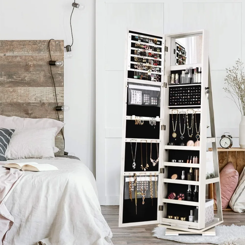 

360° Swivel Jewelry Armoire with Higher Full Length Inside Makeup Mirror, Standing Lockable Cabinet Organizer, Large Capacity