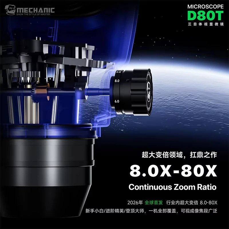 MECHANIC D80T-B5 삼안 실체 현미경 8-80X 연속 줌 PL10x27 광시야 접안렌즈 카메라 어댑터