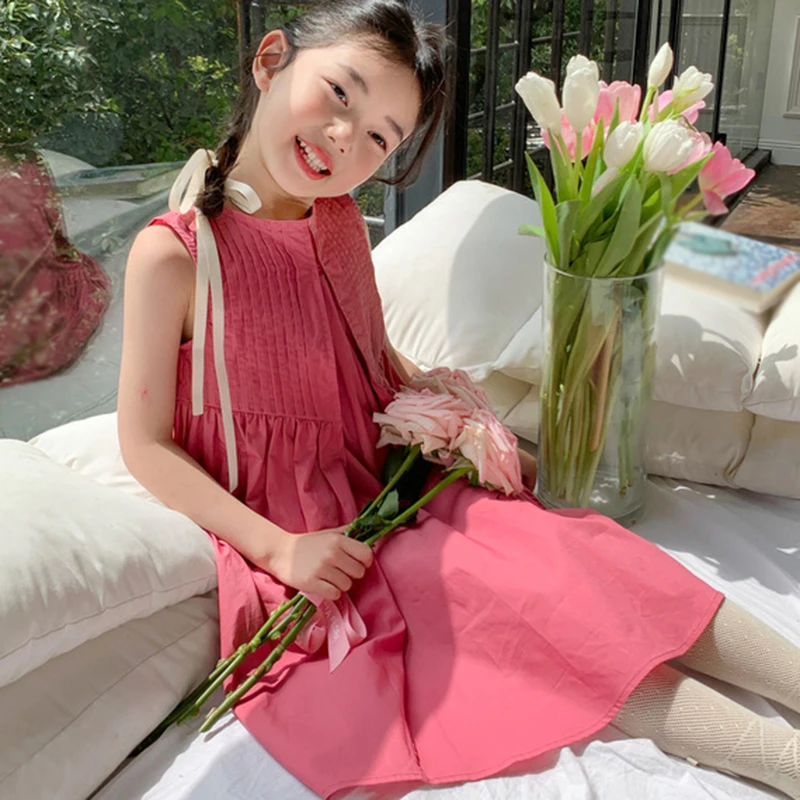 

Summer Kids Clothes Girls Simple Designed Classic Sleeveless Casual Dress Fashion Versatile Outing Cotton Dress Holiday Dress