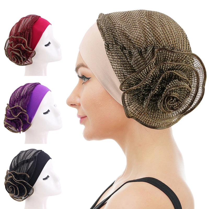 

Big Flower Mesh Turban Hat Women Muslim Hijabs Cap India Cap Under Scarf Bone Bonnet Neck Cover Muslim Women Hair Accessories