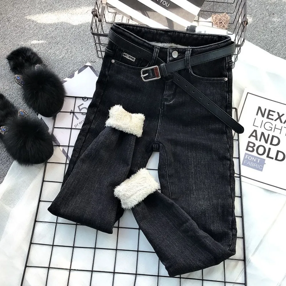 High Waist Winter Denim Pencil Pants Fashion Thick Fleece Skinny  Women Black Grey Vintage Cashmere Jeans Female Womens Clothing