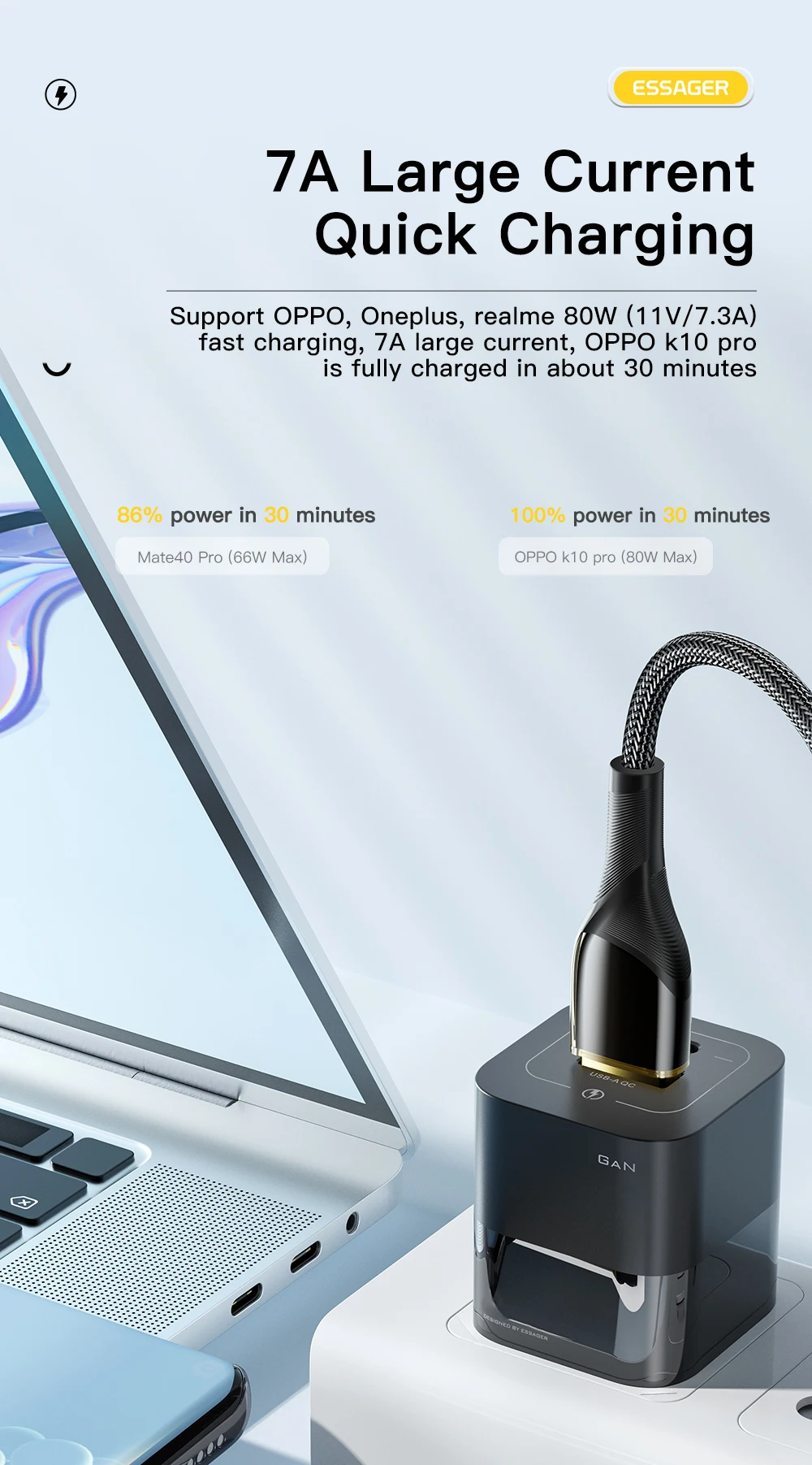 Essager 7A USB Type C Cable PD 100W Fast Charging Wire USB-C Charger Data Cord For Huawei P50 P40 OPPO K10 Honor Oneplus Poco F3