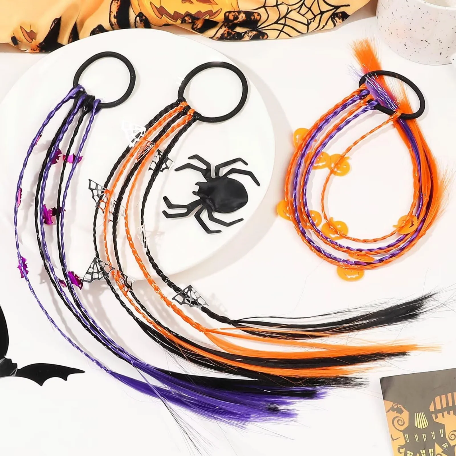 1PC Colorful Halloween Hair Ties: Braided, With Pumpkin And Skull Charms, Perfect For Themed Looks