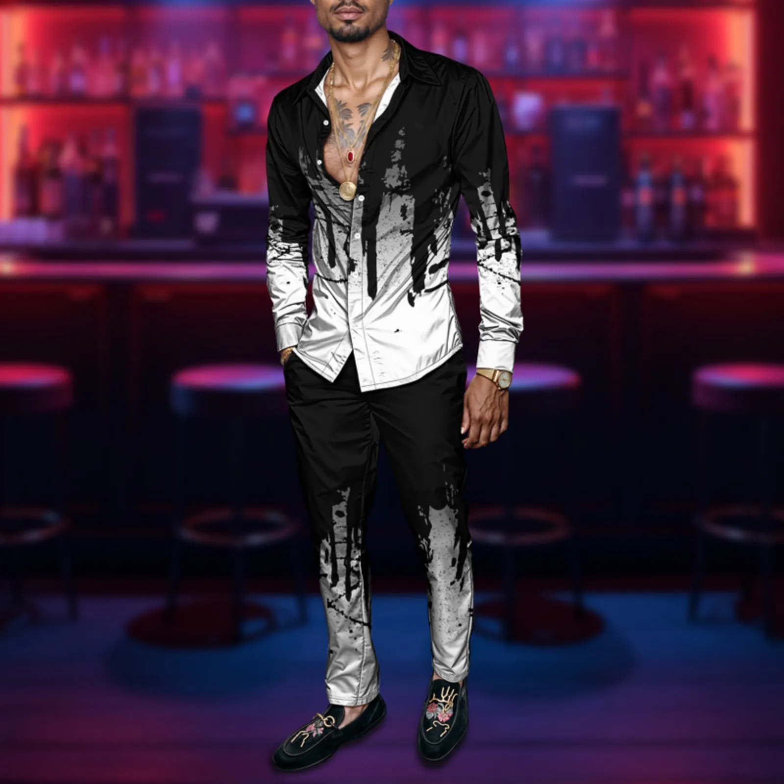 2025 New Arrival Men Shirt Set Geometry Print Summer Fashion Simple Two Piece Set Mens Gradient Lightweight Party Long Sleeves_voghion.com