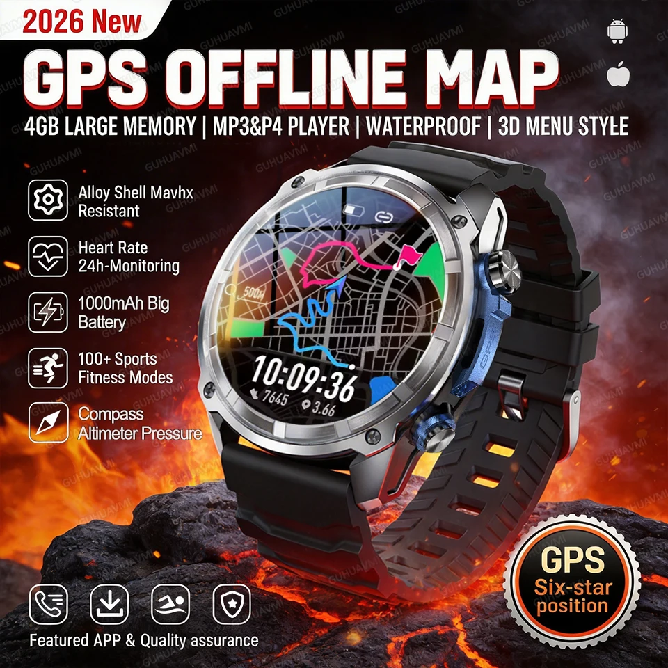 2026 NEW GPS Offline Maps Sport Smart Watch Men 4GB Memory Music Video Player 10ATM Swim Waterproof Smart Bracelet 1000mAh Watch 1