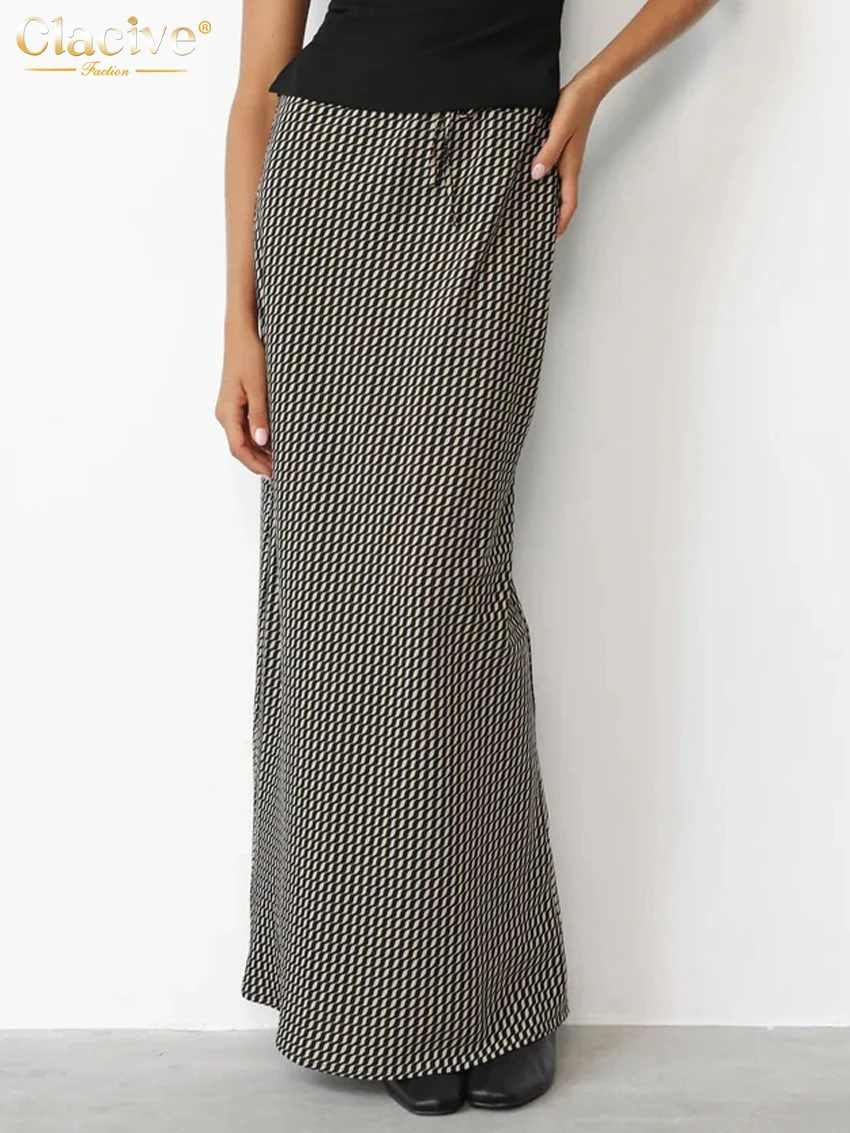 

Clacive Fashion Loose Print Women's Skirt Elegant High Waist Ankle Length Skirts Vintage Classic Lace-Up Skirt Female Clothing