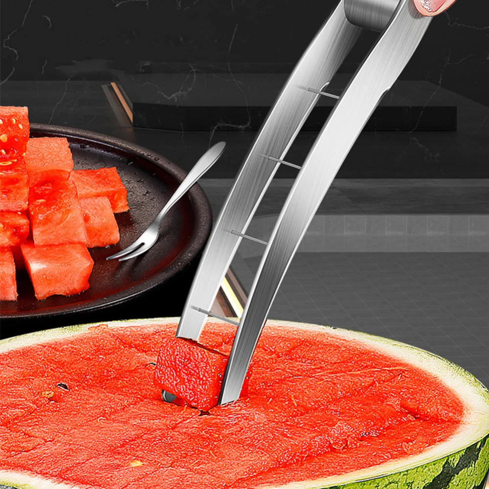Kitchen Tools 304 stainless steel manual Fruit watermelon cube cutter slicer and 6 pieces stainless steel two teeth fruit fork