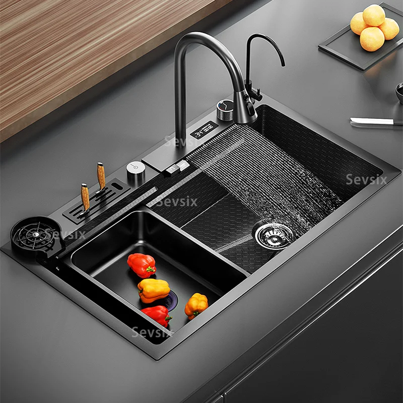 Waterfall Sink Kitchen Stainless Steel Topmount Sink Large Single Slot Wash Basin With Multifunction Touch Waterfall Faucet