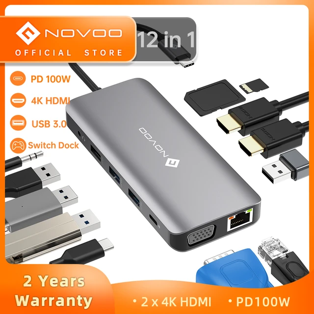 NOVOO 9in1 ProUSB C Multiport 4K HDMI VGA Ethernet 1000Mbps, 100W PD  Charging, 3 USB3.0, SD/TF Slots, Thunderbolt 3 Laptop Dock for MacBook,  Windows