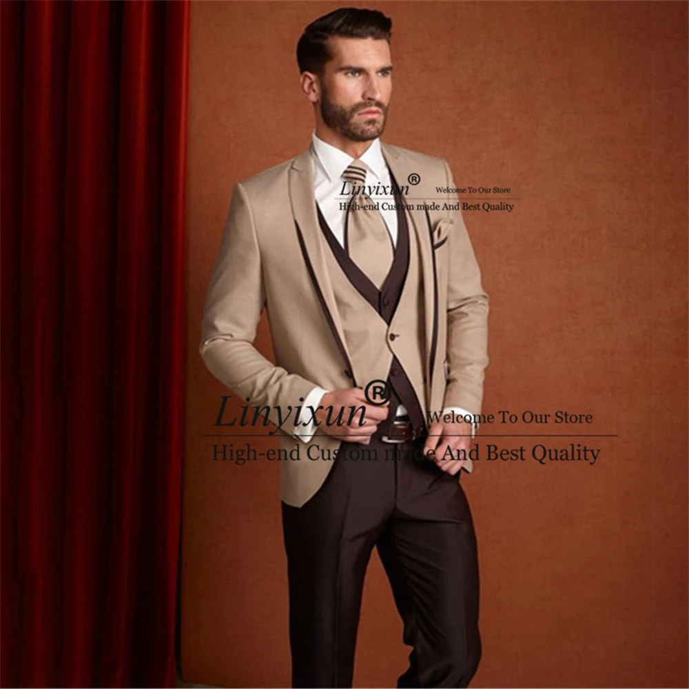 

Classic Beige Men Suits Formal Business Blazer Slim Fit Wedding Groom Tuxedo Evening 3 Piece Set Jacket Vest Pants Costume Homme