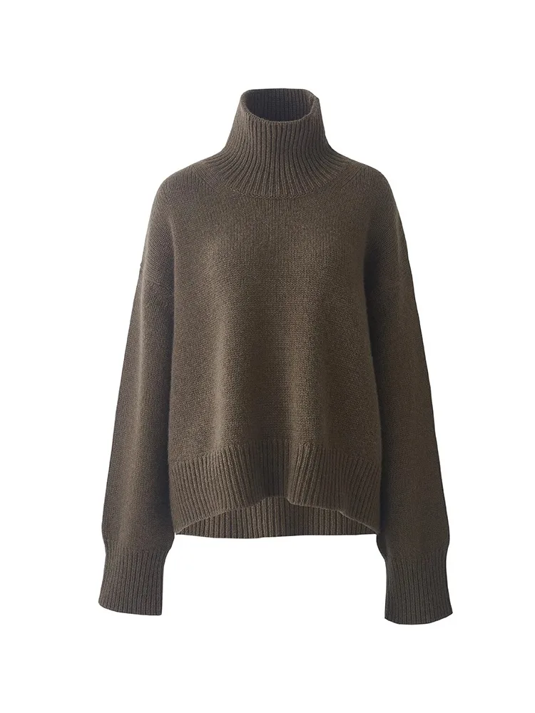 여성용 터틀넥 100% 순수 캐시미어 스웨터, 두꺼운 루즈하고 게으른 스타일 하의 니트 실루엣 스웨터