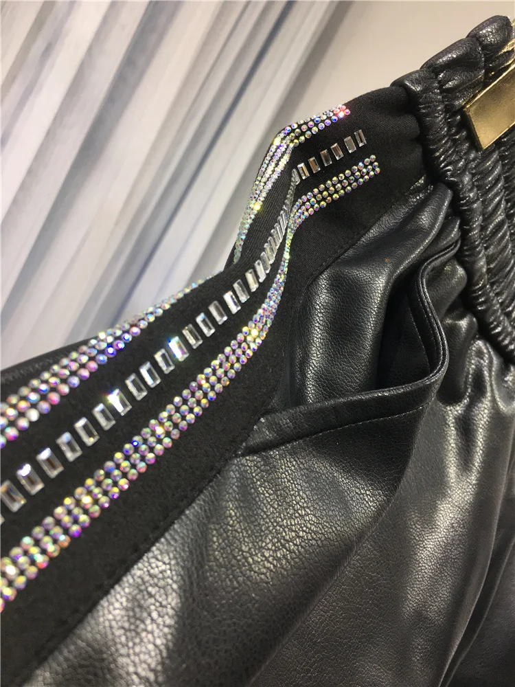 High Quality Hot Drilling Women Wide Leg Shorts Autumn Winter Elastic High Waist PU Leather Shorts Black Out Wearing Boot Shorts
