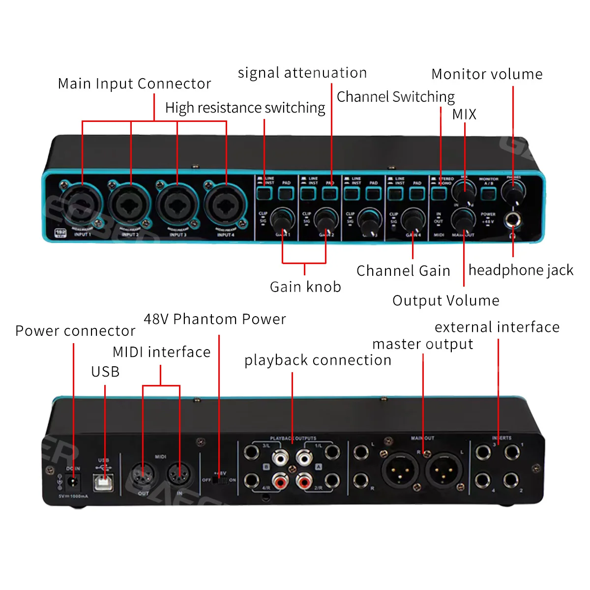 Audio Interface Depusheng UMC404 Professional Sound Card with Monitoring Electric Guitar Live Recording For Studio Singing Micro
