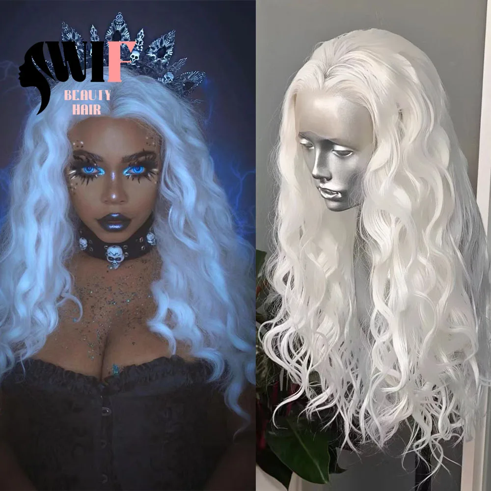 

WIF White Colored Hair Long Wave Lace Front Wig Middle Part Loose Wavy Women Party Use Synthetic Lace Wigs Drag Queen Fiber Hair