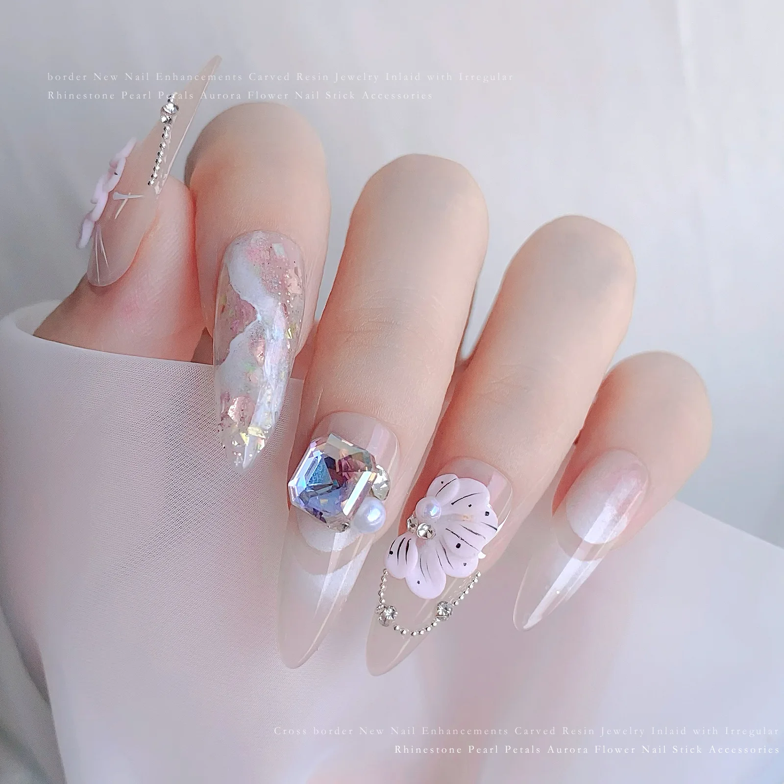 48Pcs 3D Nail Art Flower Decorations with Rhinestones and Pearls