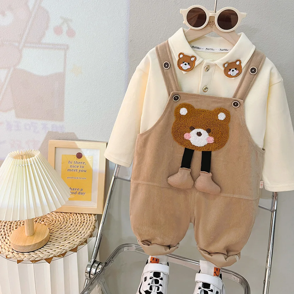 

Autumn Winter New Baby Boys Cotton Clothing Sets Cute Bear Design Long Sleeve Hoodie & Suspender Pants Kids 2pcs Outfits Suit