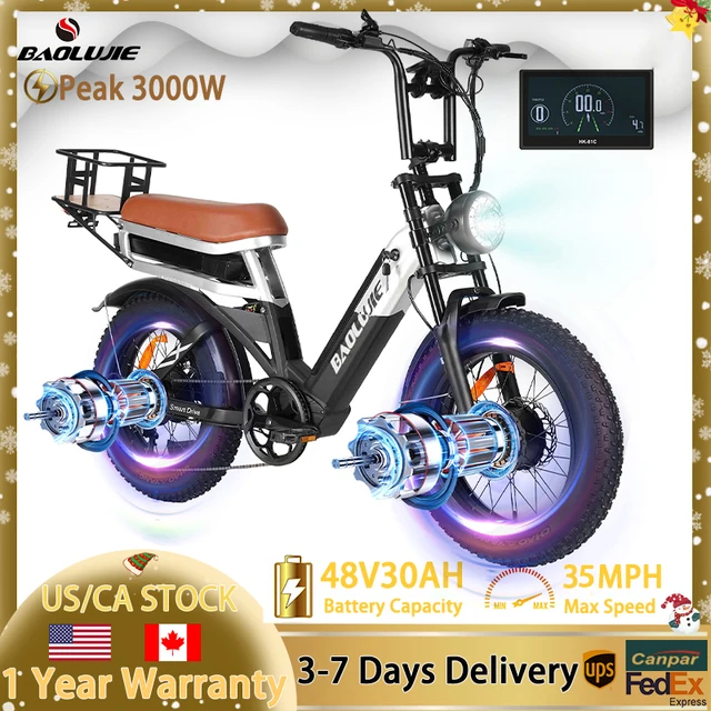 BAOLUJIE Peak 3000W Electric Bike for Adults,48V 30Ah Removable Battery, Top Speed 35MPH, 20''X4 1
