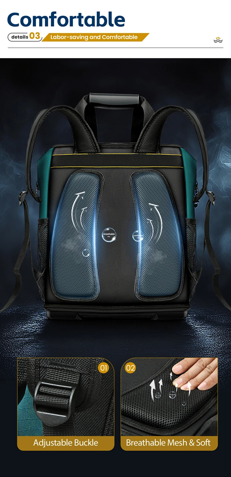 Werkzeugrucksack, mehrere Taschen, große Kapazität, Gummibasis, verschleißfest und langlebig, multifunktionaler Werkzeugaufbewahrungsrucksack – Detail 5