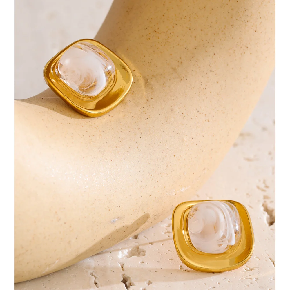 Yhpup White Green Resin Square Stud Earrings 18K Golden PVD Plated Stainless Steel Daily Wear Trending Jewelry Wholesale_voghion.com