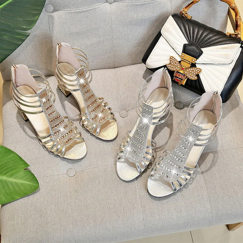 

Rhinestone Gold Sandals For Women Round Toe Chunky High Heels Elegant Glitter Sandals Wedding Bride Shoes Woman Summer 2023 Zip