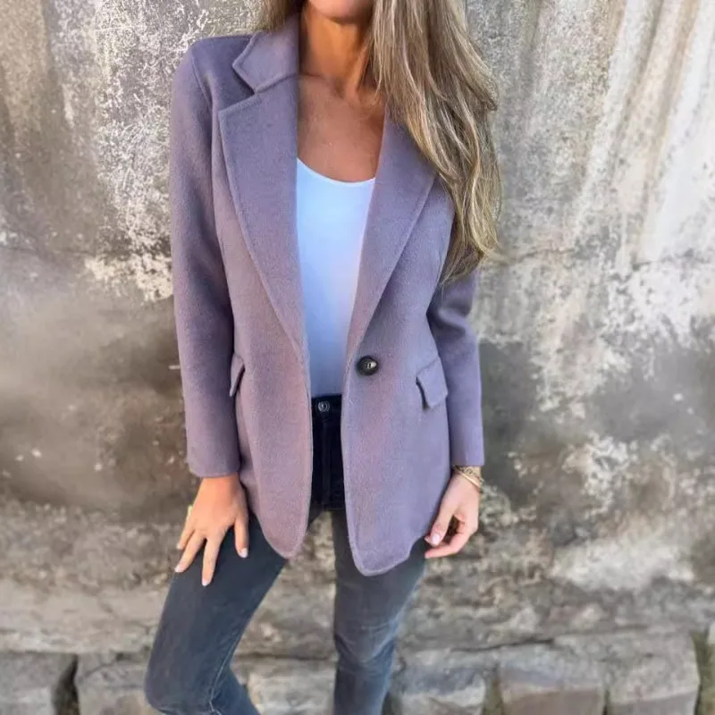 Veste Blazer en Laine Mélangée pour Femme, Col à Revers, Bouton Unique, Veste Casual à Fausses Poches, Veste Slim pour Femme de Bureau en Automne