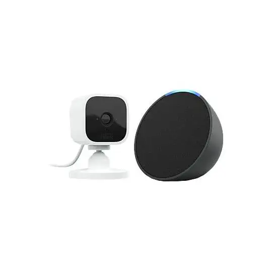 Amazon Bundle Blink Mini y Echo Pop, Vigilancia Full HD día y noche, Control por Voz, Blanco/Negro