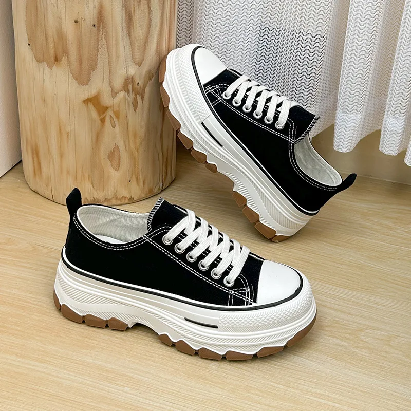 Versatile Retro Vintage Canvas Shoes for Women Student Thick Soled Board Shoes Increase Leisure Sneaker Shoes 2024 New