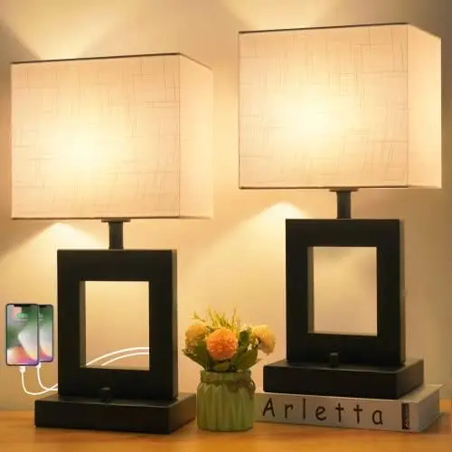 

Bedroom Set of 2 Fully Dimmable 19.5" Bedside Lamp with USB A+C Charging Ports & AC Outlet Nightstand Lamp for Living Ro Paper l