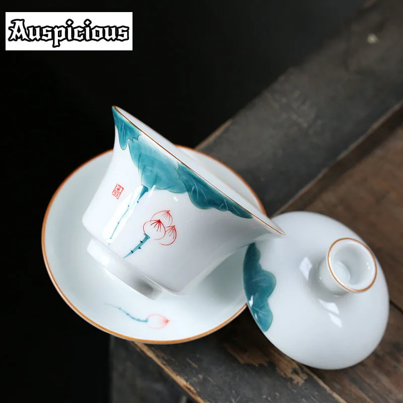 175ml Retro Ceramic Gaiwan Teacup Handmade Lotus Art Tea Tureen Boutique Tea Bowl Chinese Porcelain Teaware Accessorie Drinkware