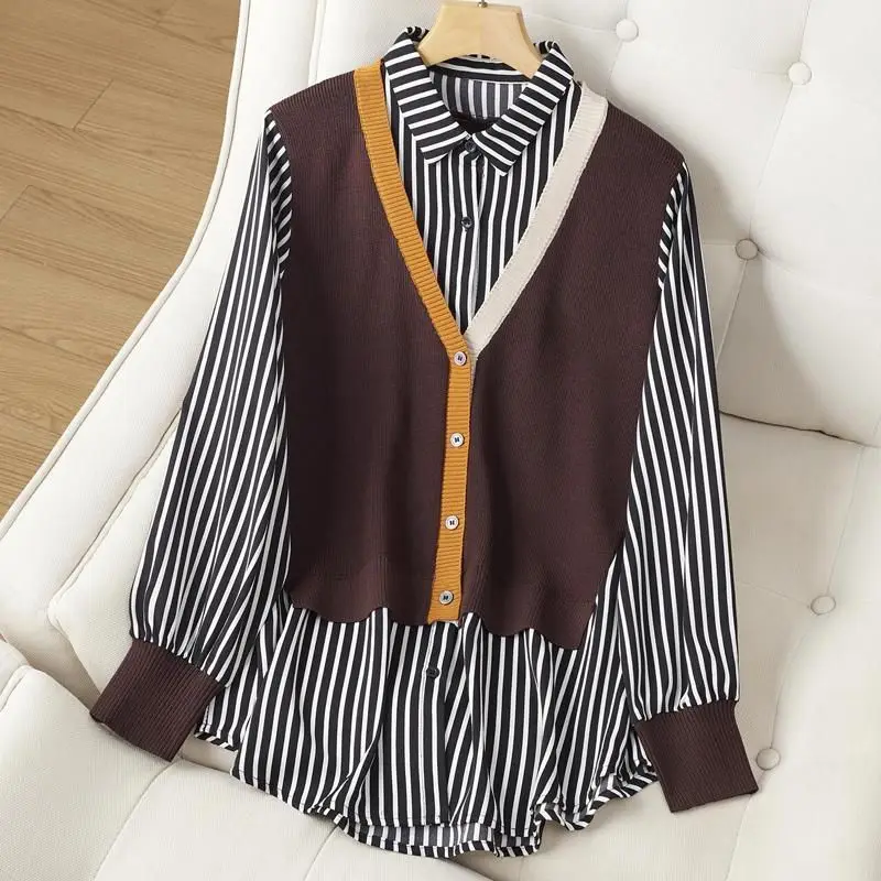 Spring Autumn Women Fashion Elegant Striped Street Shirt Knit Vest Patchwork Fake Two Piece Blouse Casual Loose Tunic Top Female zazomde autumn new fake two piece polo sweater loose retro knitted cashmere sweater man thick coat high street couple pullover