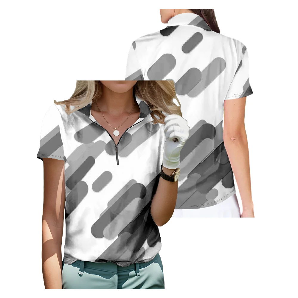 

Rounded Diagonal Pattern Short Sleeve Golf Shirt Breathable Quick Dry Half Zip Tops Fashion Streetwear Women Sportswear