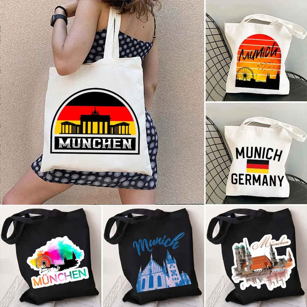 

Vintage Munich Skyline Travel Souvenir Canvas Tote Bag Architecture Germany Flag Map Old Town German Landmark Cityscape Handbags