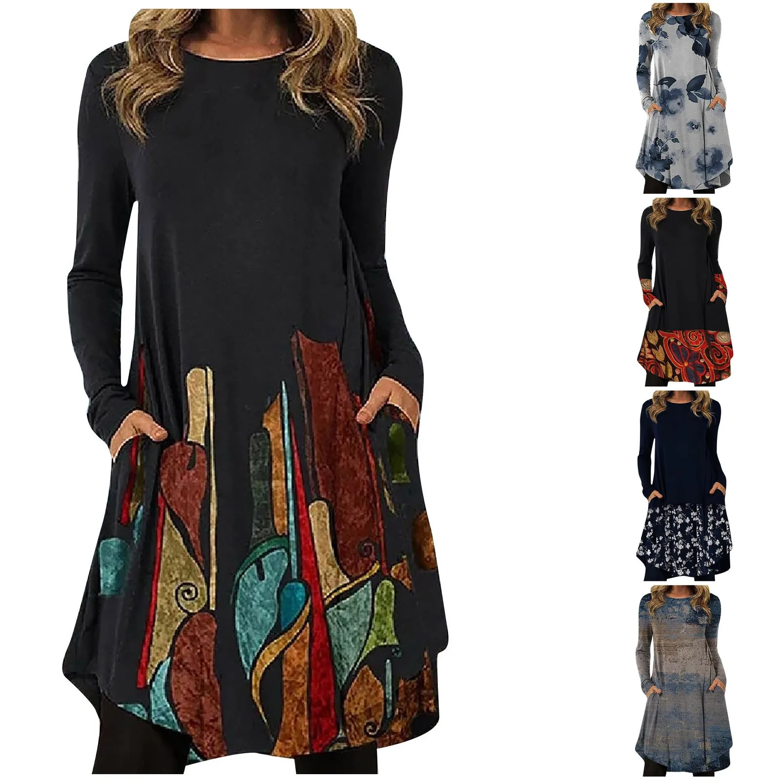 여성용 캐주얼 프린트 라운드 넥 풀오버, 루즈 긴팔 겨울 원피스 여성용 캐주얼 프린트 라운드 넥 풀오버, 루즈 긴팔 겨울 원피스