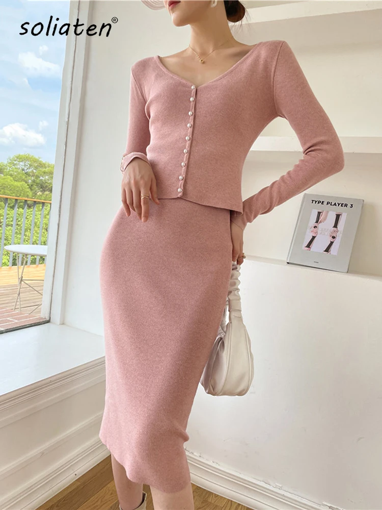 Women Knitted Two Piece Sets Sexy Long Sleeve Sweater