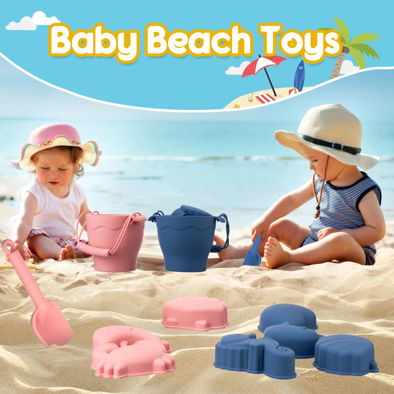 TYRY.HU 8pcs/Set Beach Toys Eco-Friendly Food-Grade Silicone-Fun Summer Outdoor Toys for Kids with Bucket & 4 Color Sand 4