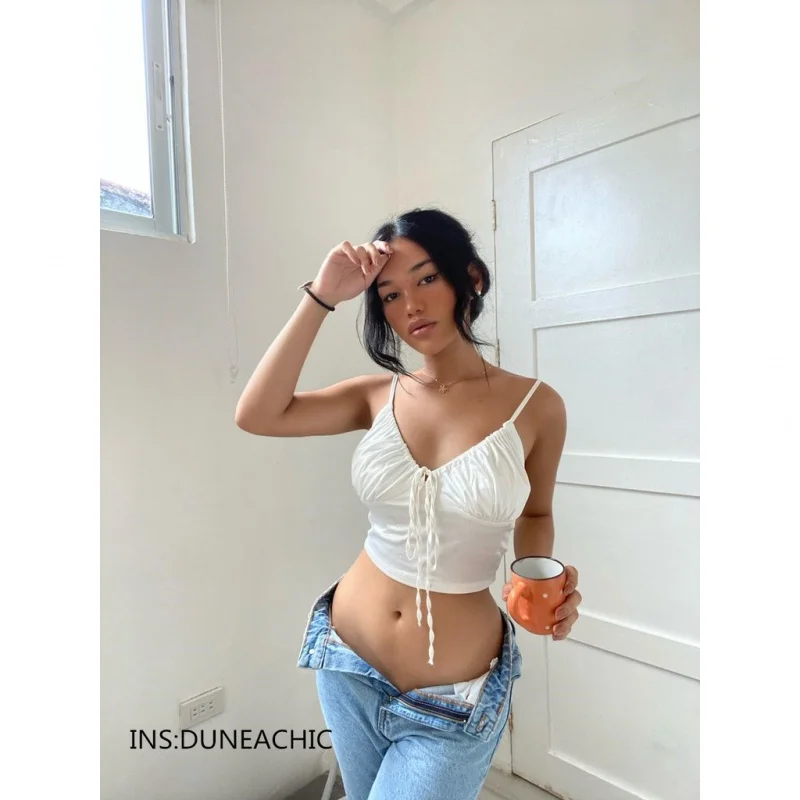 

New Style Solid Color V-neck Halter Tank Top Slim Lace Up Backless Sexy Vest