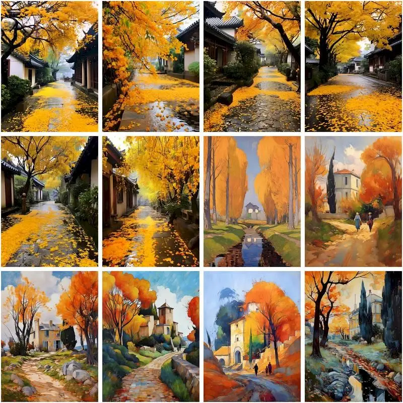 

CHENISTORY DIY Pictures By Number Autumn Falling Leaves Scenery Kits Painting By Numbers Drawing On Canvas Home Decor