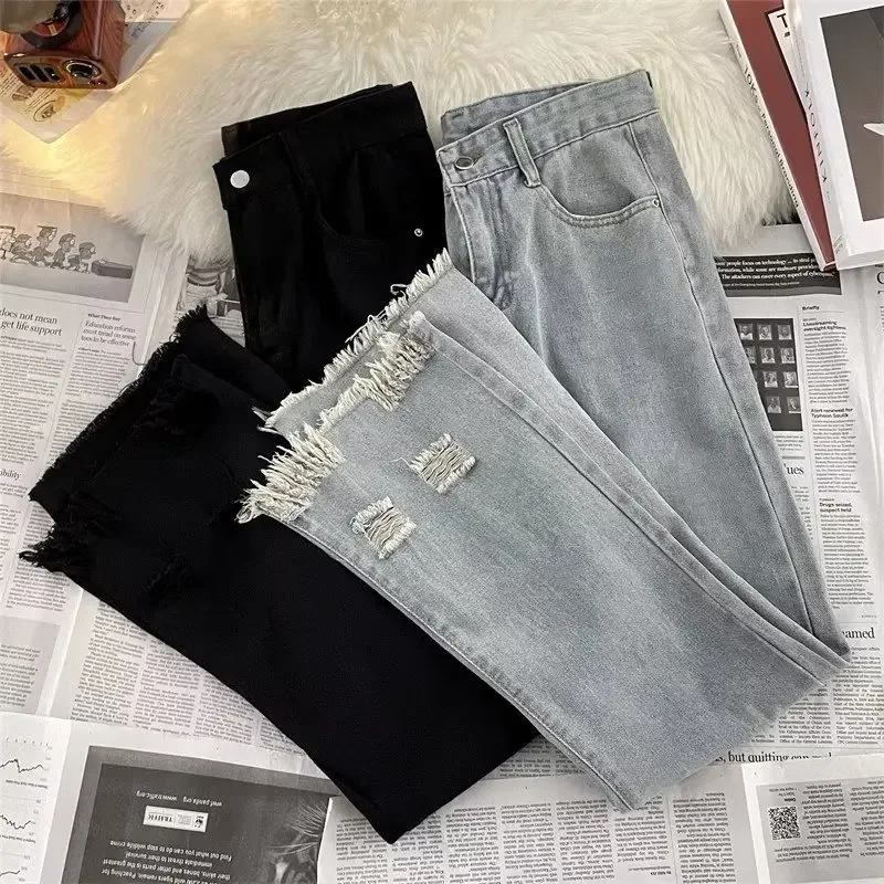 Trendy Hong Kong Style Men's Summer New Jeans 2024 Unique Fringe Hip Hop Ins Trendy High Street Biker Trousers