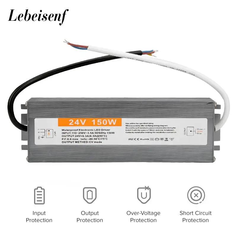 

110-250V AC to DC 24V 150W 6.25A Lighting Transformer LED Drive Adapter Aluminum IP67 Outdoor Waterproof Switching Power Supply