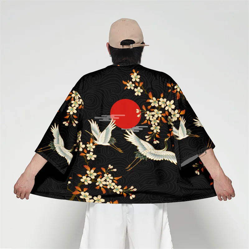 Kanagawa Wave Crane Japanese Kimono Cardigan Outerwear Coats Fashion Streetwear Loose Boys Jackets Casual Overcoat