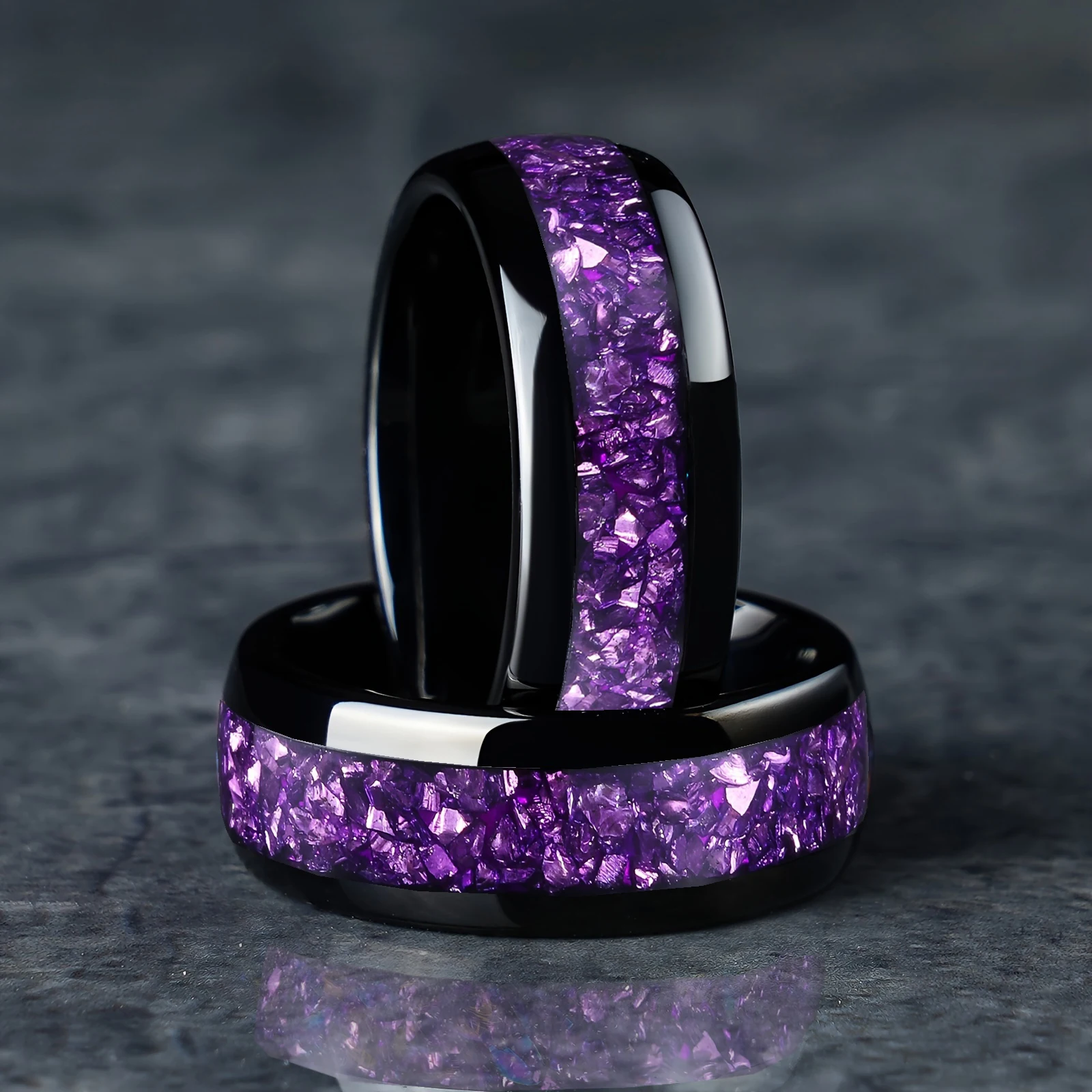 8mm Men Stainless Steel Rings Inlay Galaxy Style Purple Abalone Shell For Men Wedding Engagement Band Jewelry
