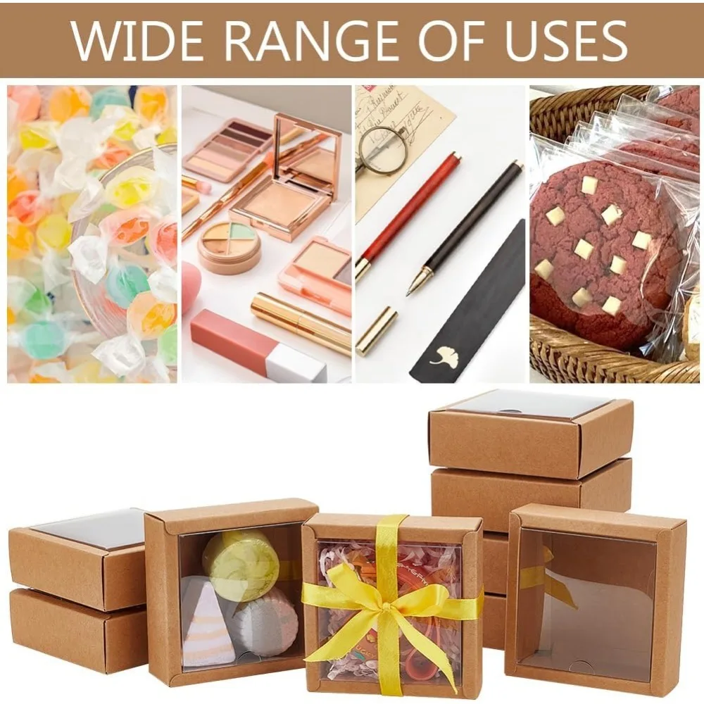 20Pcs 3.3&times;3.3&times;1.3Inches Brown Square Paper Boxes with Clear PVC Window Paper Favor Treat Boxes for Wedding Favor Festival Gift