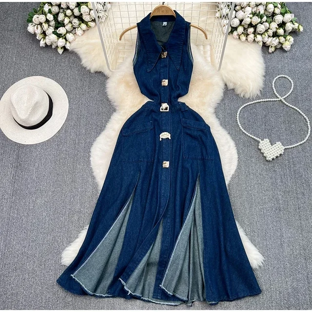 【BAON】Suu Ribbon Denim Sleeveless Long One Piece Sexy Denim Hollow Out Women Dress See Through Sleeveless