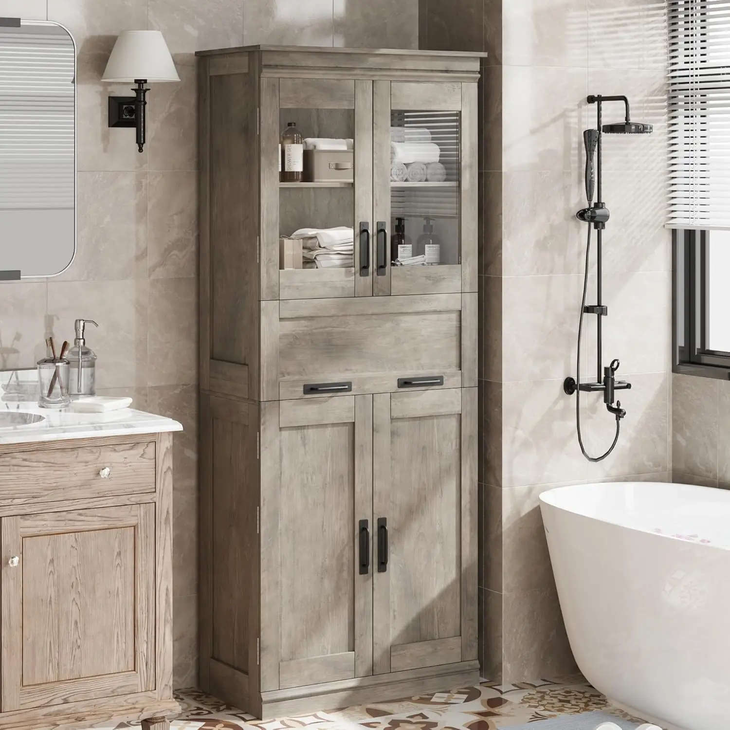 170 cm hoher Aufbewahrungsschrank mit 4 Türen und klappbarer Glasschublade, verstellbare Regale, freistehender Organizer für die Küche, Speisekammer – Detail 16